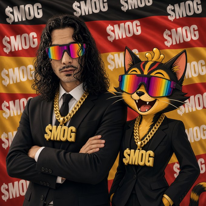 A digital illustration of a man and an anthropomorphic cat wearing rainbow sunglasses, black suits, and gold '$MOG' chains, standing in front of a German flag-patterned background with repeating '$MOG' text.