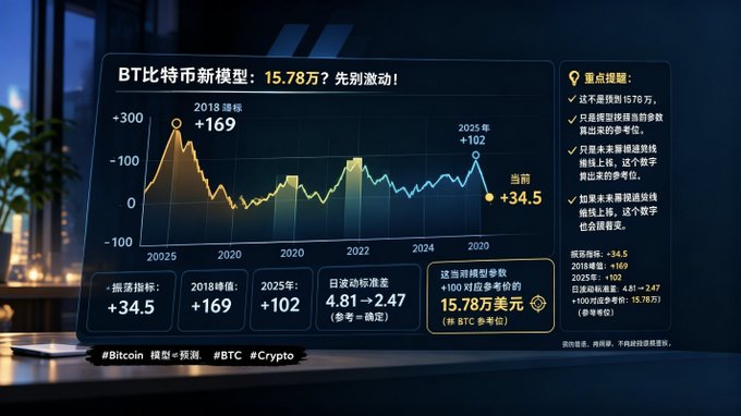 A digital dashboard displays a "BT Bitcoin new model" chart with the headline "15.78万? Power Law Excitement!" plotting BTC price oscillation indicators from 2018 (+169), 2025 (+102), and the current reading of +34.5, with the model parameters suggesting that an indicator of +100 corresponds to a BTC reference price of approximately $157,800, visually supporting the accompanying analysis of Darkfost's power law model.