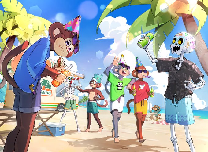 A vibrant beach scene features a group of cartoon monkeys and skeletons celebrating with party hats, drinks, and snacks near a cart labeled "Ritos," capturing the playful "Endless Summer" vibe of the NFT artwork by Chimpers that just sold for 0.01 WETH (~$18) on the blockchain.