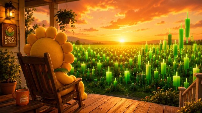 A cartoon sunflower character sits in a rocking chair on a porch, overlooking a field of green candles at sunset, with a 'touch grass' mug and sign visible.