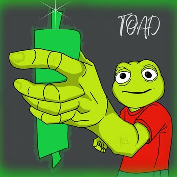 An illustration of Pepe the Frog holding a glowing green sword, labeled 'TOAD' in the upper right corner.