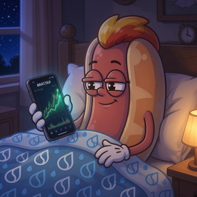 A cartoon hot dog character wearing glasses lying in bed with a blue Sui-branded blanket, looking at a smartphone displaying a green candlestick chart with 'BRAT/SUI' visible.