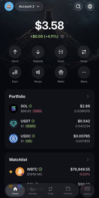 The Jupiter wallet interface displays a balance of $3.58 in Account 2, with holdings in SOL ($2.89), USDT ($0.542), and USDC ($0.00785), alongside a WBTC watchlist entry priced at $76,949.55. The image humorously reinforces the post's punchline by revealing the modest $3 balance that the user can "access anywhere, anytime" on Jupiter Mobile.