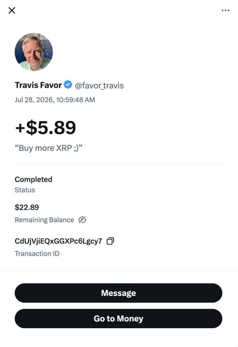 This image depicts a transaction notification from Travis Favor, showing a deposit of +$5.89 with the message "Buy more XRP ;)". This aligns with the post's appreciation and the hashtag #589 referencing the transaction amount.