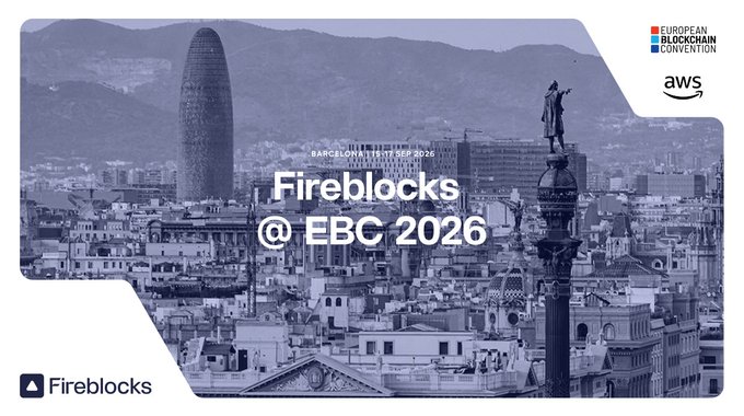 A promotional graphic for the European Blockchain Convention (EBC) in Barcelona, dated 16-17 September 2026, featuring a cityscape backdrop with the iconic Torre Glòries and Columbus Monument. The image prominently displays "Fireblocks @ EBC 2026" alongside Fireblocks, European Blockchain Convention, and AWS logos, promoting Fireblocks' appearance at the event.