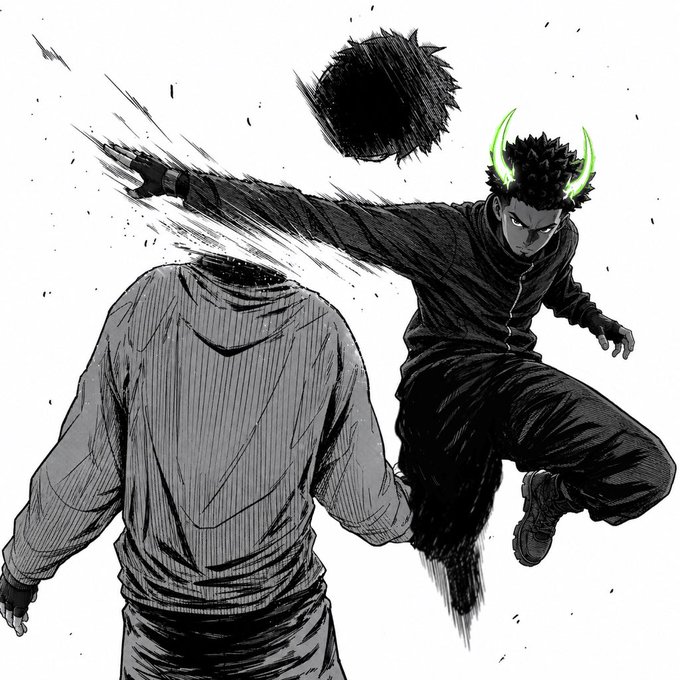 A dynamic manga-style illustration depicts a horned character with glowing green accents unleashing a powerful punch that obliterates an opponent's head into a blackened void, embodying the brutal, high-octane energy associated with the "$ANSEM" persona.