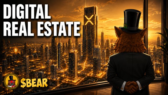 A promotional banner reading 'DIGITAL REAL ESTATE' featuring a bear character in a top hat and suit looking over a cityscape with the XRP logo, branded with '$BEAR'.