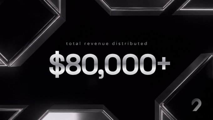 A dark screen displaying 'total revenue distributed' and '$80,000+' in large silver text, likely from a streaming or content platform dashboard.