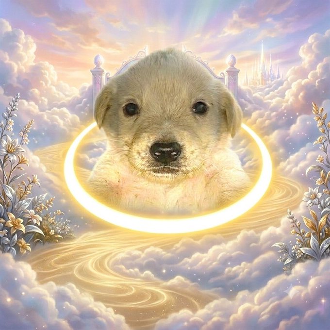 A golden puppy is depicted within a glowing halo against a heavenly cloudscape, resembling a saintly or angelic figure. The image parodies religious iconography with the dog's face presented as a divine being floating in the clouds, humorously suggesting this is what "dogwifhat" really looks like in a reverent, almost biblical context.