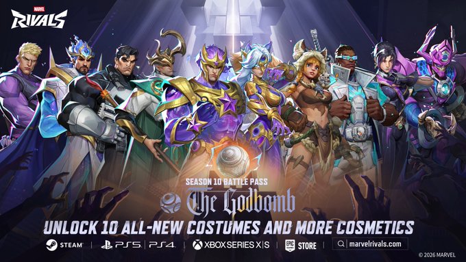 A promotional image for Marvel Rivals Season 10 Battle Pass "The Godbomb" showcases 10 new hero costumes—including golden Loki, Squirrel Girl, and other variants—available on Steam, PlayStation, Xbox, and the Marvel store. The image relates to the caption "My wallet is safe" by tempting players with the flashy new cosmetics, suggesting that resisting the battle pass purchase is the only way to keep their wallet intact.