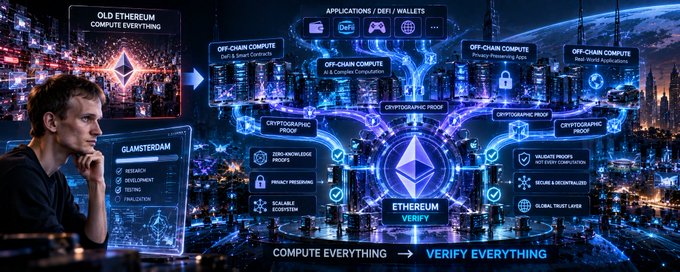 Diagram showing Ethereum as 'Glamsterdam' transitioning from 'Old Ethereum' to a new 'Off-chain Compute' ecosystem with 'Compute Everything → Verify Everything' at the bottom.