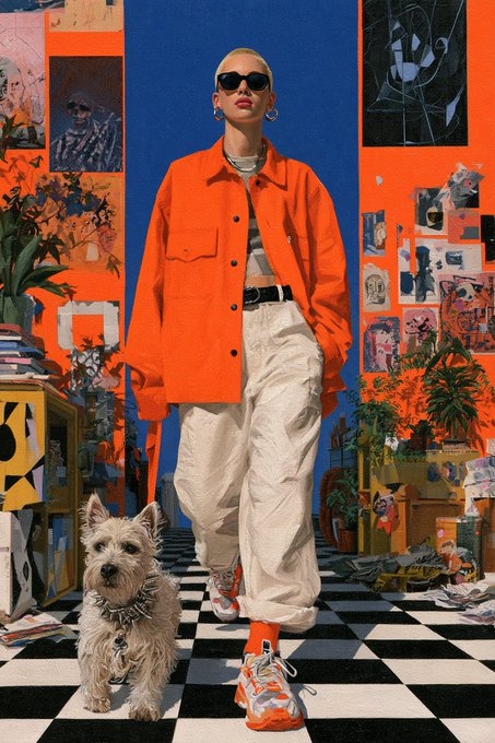 A fashion editorial shows a woman in a bright orange jacket, white cargo pants, and sunglasses walking a small dog on a checkered floor against a vibrant, art-covered wall.