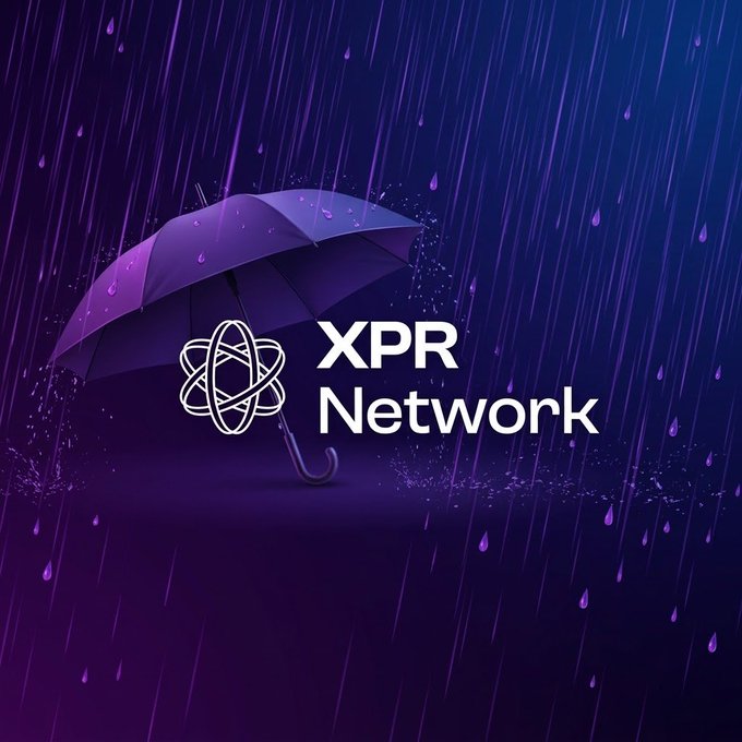 A promotional graphic featuring a purple umbrella in the rain with the text 'XPR Network' and its atomic-style logo against a dark purple background.