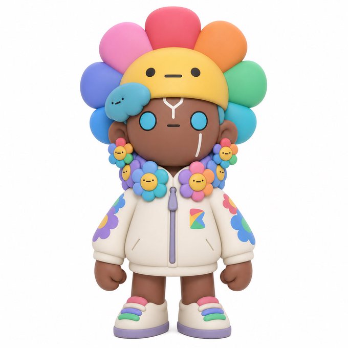 A 3D rendering of a designer toy figure featuring a brown character with a colorful flower-shaped headpiece, flower earrings, and a white jacket with pastel flower accents.