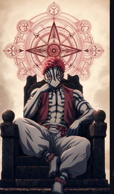 An AI-style illustration of an anime character resembling Akaza from Demon Slayer, seated on a dark throne wearing a red vest and bead accessories, with a red mystical compass pattern behind him.