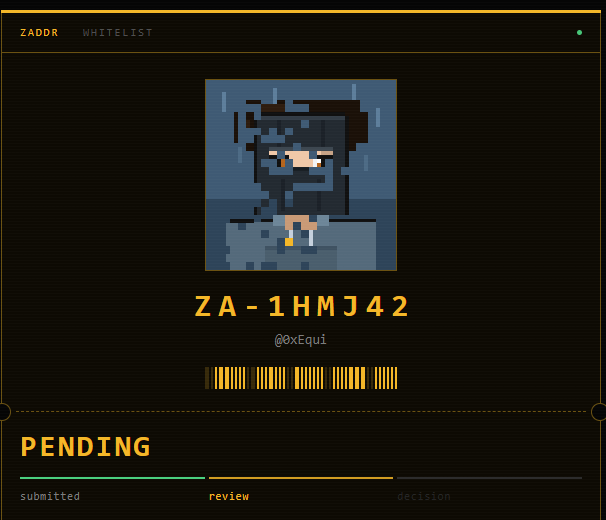 A pixel art profile card displays the identifier 'ZA-1HMJ42' by '@xEqui' on a dark background, showing a 'PENDING' review status.