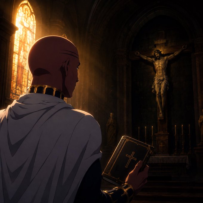 An anime-style illustration shows a bald figure in white robes holding a Bible with a golden cross, gazing toward a crucifix in a dimly lit church illuminated by stained glass.