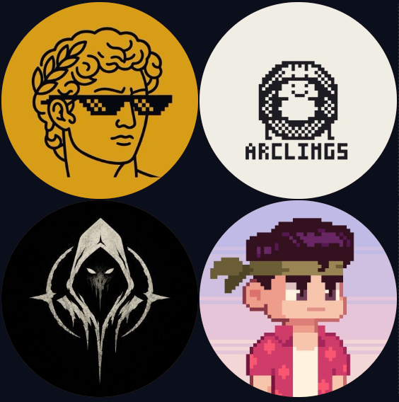 Four circular profile pictures arranged in a grid, featuring classical art with pixelated sunglasses, a pixelated doge mascot labeled "ARCLINKS", a dark hooded grim reaper, and a pixelated character with a bandana.