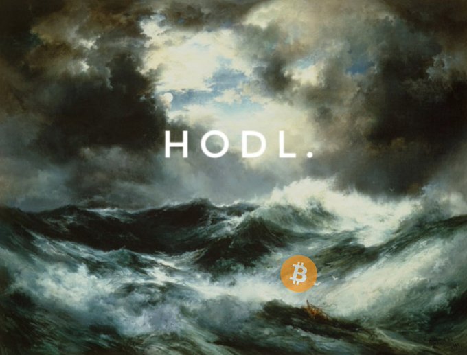 A dramatic painting of stormy seas under turbulent clouds with the text 'HODL.' and a Bitcoin logo superimposed.