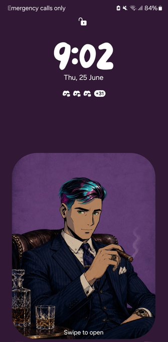 A smartphone lockscreen displays the time "9:02" on "Thu, 25 June" with an anime-style illustration of a sophisticated man in a pinstripe suit smoking a cigar against a purple background, with a "Swipe to open" prompt at the bottom, fitting the "Pivot to NFTs" theme by showcasing a stylized digital artwork.