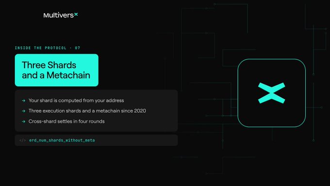 A slide from MultiversX titled 'INSIDE THE PROTOCOL - 07' highlights the topic 'Three Shards and a Metachain' in a teal box, listing key points about shard computation and cross-shard settlements, accompanied by the project's 'X' logo.