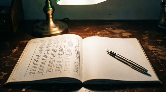An open ledger book with a pen resting on a blank page sits on a worn wooden surface, illuminated by a warm lamp. The image visually echoes the post's theme of verification and accounting, symbolizing meticulous record-keeping—though the ledger's pages are illegible, reinforcing the idea that not every promise has a receipt.