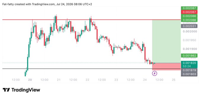 A TradingView candlestick chart for the $PUMP token shows a long trade setup with entry at 0.001822, a target resistance zone at 0.002065, and stop-loss at 0.001772, highlighting the planned risk-to-reward levels on a 4-hour timeframe.