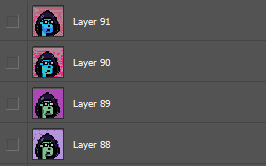 A Photoshop layer panel displays four layers labeled "Layer 91," "Layer 90," "Layer 89," and "Layer 88," each containing pixelated pink and blue character sprites—visual evidence of the 90+ image layers mentioned that were merged to create a single XCOPUNK artwork.