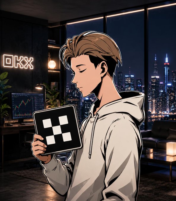 The image features a young man standing in front of a window, holding up a black and white square sign with a grid pattern. The man appears excited about his new status as an @okx creator. The background shows a city skyline at night, which adds to the overall atmosphere of the scene.