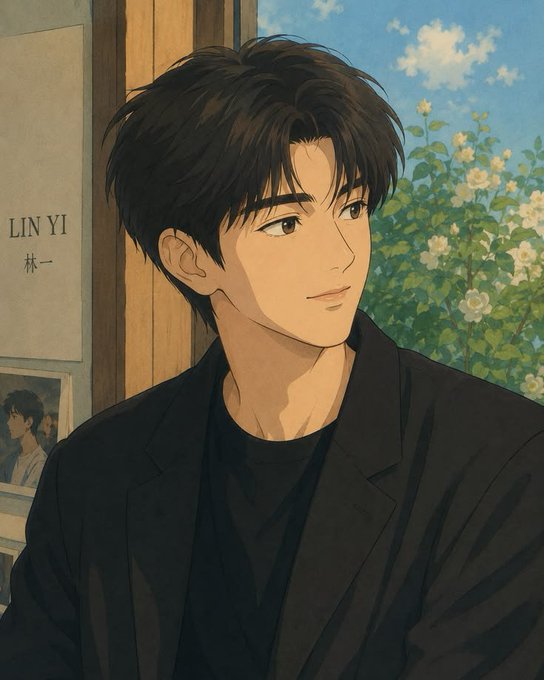 An anime-style illustration of a young man named 'LIN YI' (林一) wearing a black blazer, with flowers and a blue sky in the background.
