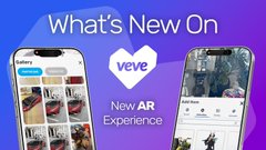 A promotional graphic for an app called 'veve' highlighting 'What's New On' with 'New AR Experience' displayed between two smartphone mockups.