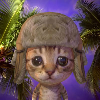 An animated orange tabby kitten wearing a furry winter trapper hat with ear flaps, set against a tropical backdrop of palm trees and a purple sky.