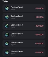 A crypto wallet activity feed showing six "Gasless Send" transactions from Jupiter totaling -55 USDC, sent as giveaway rewards to active users listed in the accompanying post.