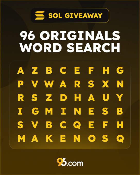 A promotional graphic for a "SOL GIVEAWAY" features a 96 Originals word search puzzle with a 6x9 grid of letters, encouraging participants to find 5 hidden "96" logos, screenshot their finds, and retweet to win 1 $SOL token.
