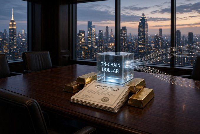 A stylized image showing a wooden conference table with gold bars, a US Treasury Certificate, and a glowing holographic cube labeled "ON-CHAIN DOLLAR" set against a nighttime city skyline.