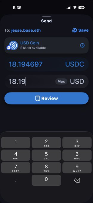 The image shows a mobile "Send" interface for sending cryptocurrency to "jesse.base.eth," with USD Coin selected and an amount of 18.19 USD entered (18.194697 USDC available, with a "Max" option and "Review" button), illustrating the sponsor's gasless send UI that resolves ENS names like "jesse.base.eth" without showing gas fees to the user.