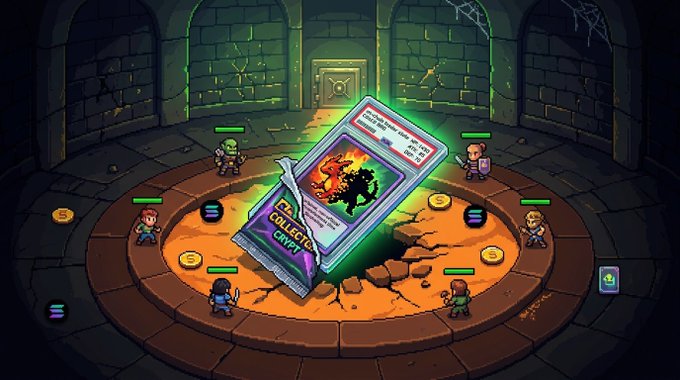 A pixel art scene showing a "Collector Crypt" card pack in a glowing chest at the center of a stone arena, surrounded by small adventurer characters in an RPG-style setting.