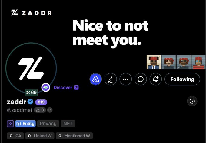 Twitter/X profile page for "zaddr" (@zaddrnet) with the bio tagline "Nice to not meet you," showing 819 followers and pixel-art avatar characters.