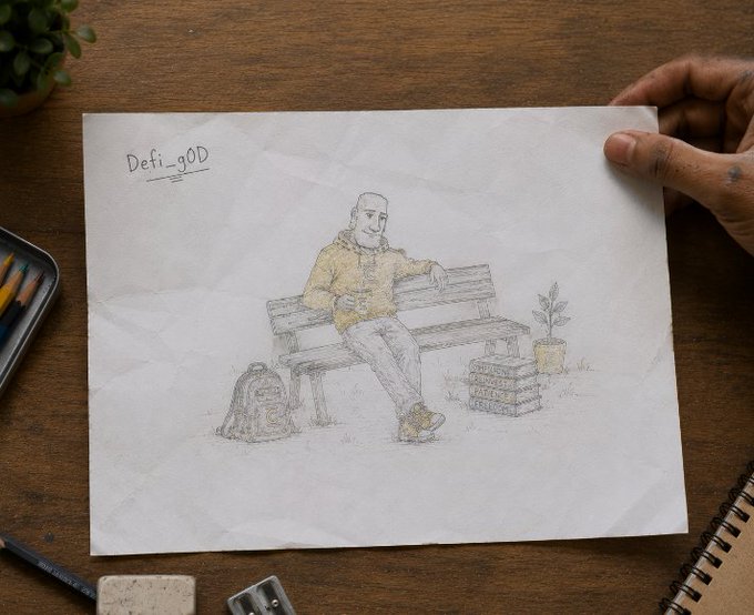 A hand-drawn sketch on crumpled paper labeled 'Defi_90D' depicting a bearded man sitting on a bench with a backpack and potted plant beside him.