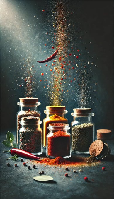 Glass jars filled with vibrant red and orange spices sit on a dark surface, with chili flakes and peppers exploding dynamically in the air above them.
