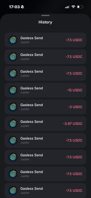 A mobile phone screenshot displays a transaction history list titled "History," showing multiple "Gasless Send" transactions via Jupiter, each deducting amounts ranging from -3 to -15 USDC. This corresponds to the post, which highlights the recipients of the SOL that was sent out via these gasless transfers.
