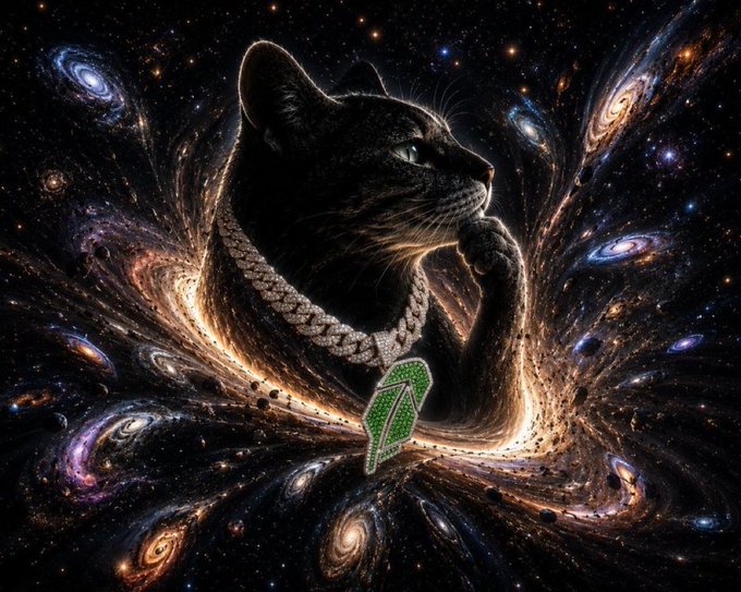 A dramatic digital artwork depicts a black cat wearing a diamond chain with a green diamond-encrusted "P" pendant, set against a cosmic background filled with swirling galaxies.