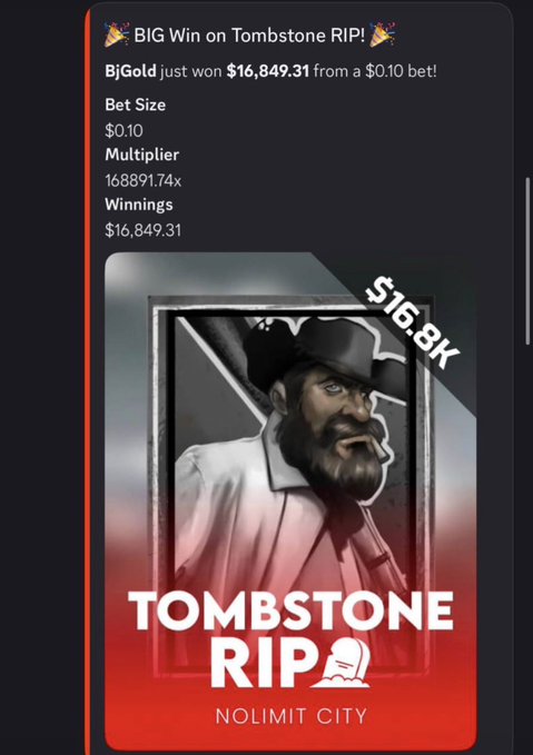 A celebratory "BIG Win on Tombstone RIP!" notification shows user BjGold turning a $0.10 bet into $16,849.31 with a massive 168,891.74x multiplier, supporting the post's claim that small bets can yield huge payouts on MetaWin's platform.