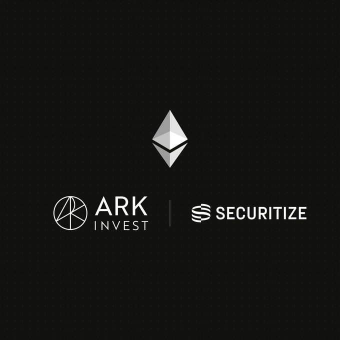 The image features the Ethereum logo (a silver diamond/octahedron) centered above the logos of "ARK INVEST" and "SECURITIZE," illustrating the partnership focused on Ethereum as the central blockchain technology.
