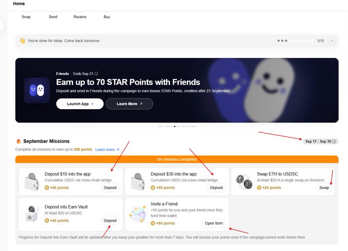 A screenshot of a crypto app's 'September Missions' page showing earning opportunities, including 'Deposit $10 into the app', 'Deposit $30 into the app', 'Swap ETH to USDC', 'Deposit into Earn Vault', and 'Invite a Friend', with red arrows highlighting the 'Deposit' and 'Open form' buttons.