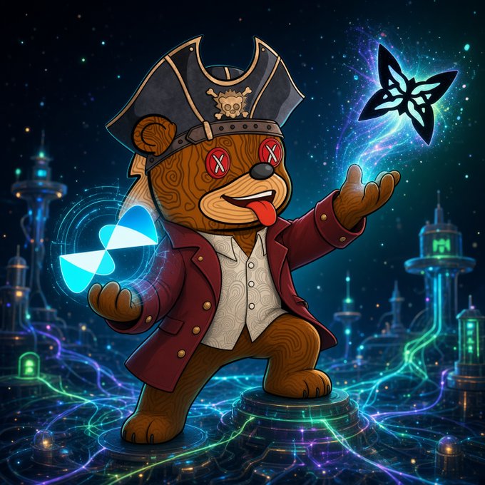 A digital illustration of a wooden teddy bear dressed as a pirate with a tricorn hat and red coat, sticking out its tongue while conjuring glowing magical butterflies against a cosmic cityscape background.