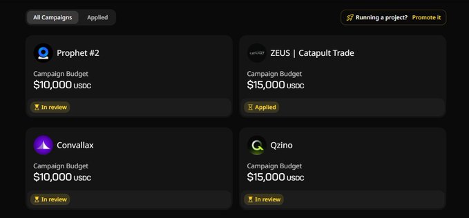 A dashboard interface listing four campaigns: Prophet #2 ($10,000 usoc), ZEUS | Catapult Trade ($15,000 usoc), Convallax ($10,000 usoc), and Qzino ($15,000 usoc).