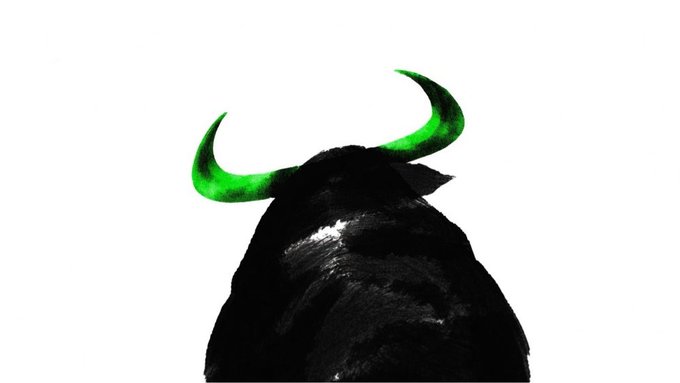 The image shows a stylized silhouette of a black bull with bright green horns, symbolizing bullish market sentiment. This ties into the "$ANSEM" post's casual "Good Morning" check-in and likely hints at a positive or "bullish" outlook in the crypto markets.