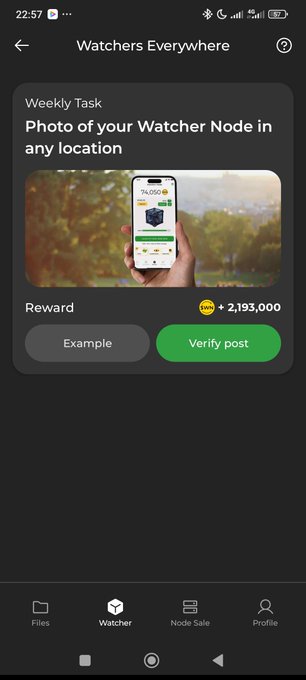 A mobile app screen for 'Watchers Everywhere' showing a 'Weekly Task' to take a 'Photo of your Watcher Node in any location' with a reward of 2,193,000.