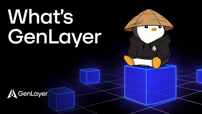 The image features a cartoon penguin sitting atop a blue cube, with the text "What's Genlayer" written above it. The penguin appears to be wearing a hat and holding an umbrella, giving it a whimsical appearance. The background of the image is black, which contrasts with the colorful cubes that make up the penguin's surroundings.